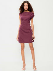 Asymmetrical Shoulder Linen-Blend Mini Dress - Cherry Bark