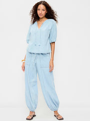 Mid-Rise Pull-On Utility Harem Denim Pants - Blue Washed