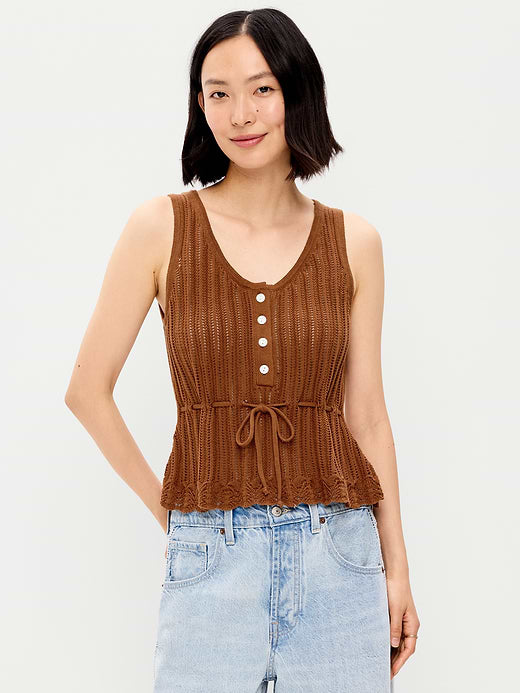 Seaside Cotton Pointelle Peplum Tank Top - Redwood Burl