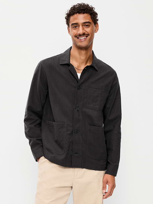 Linen-Blend Chore Jacket - Black