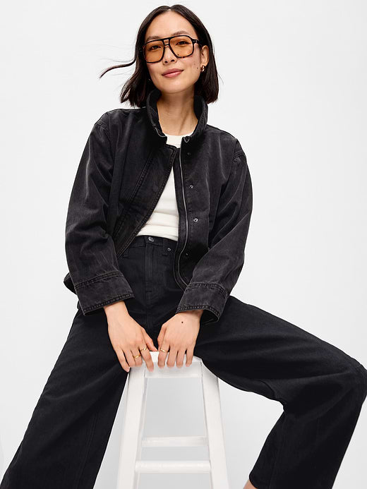 Funnel-Neck Denim Jacket - Washed Black