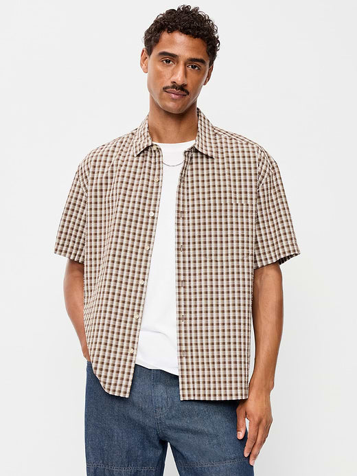 Loose Fit Textured Plaid Pocket Shirt - Dark Walnut Plaid