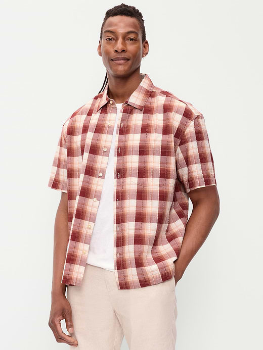 Loose Fit Textured Plaid Pocket Shirt - Emberglow Plaid