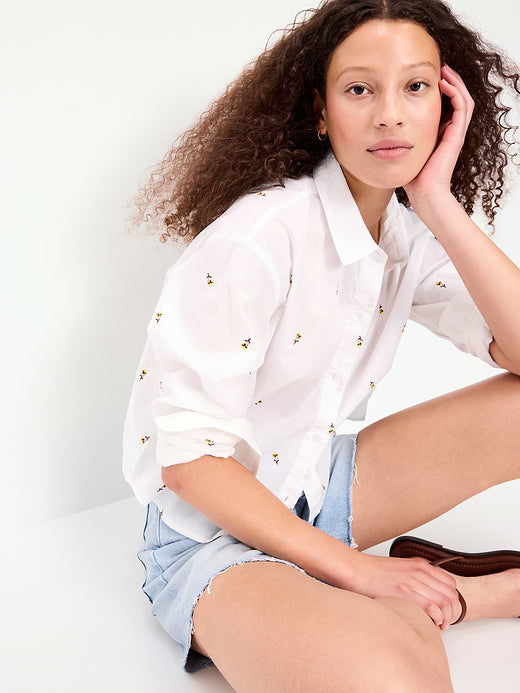 Cropped Button-Down Shirt - Yellow Flower