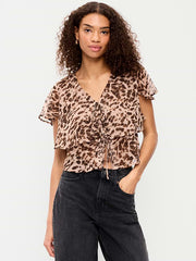 Tiered Ruffle Tie-Front Top - Animal Print