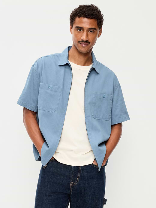 Loose Full-Zip Herringbone Workwear Shirt - Naturalist Blue