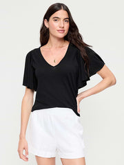 V-Neck Flutter Sleeve Top - Black Jack