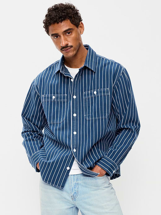 Loose Fit Striped Workwear Shirt - Blue Railroad Stripe