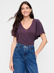 V-Neck Flutter Sleeve Top - Veil of Night