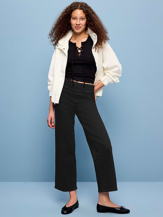 High-Waisted Weekender Pull-On Crop Wide-Leg Jeans - Black