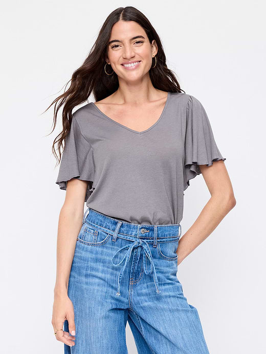 V-Neck Flutter Sleeve Top - Shooting Star