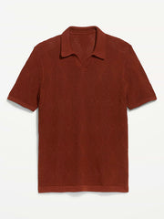 Mixed-Stitch Polo Sweater - Russet Brown