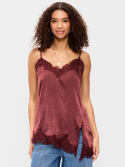 Asymmetrical Lace-Trim Cami Top - Red Lacquer