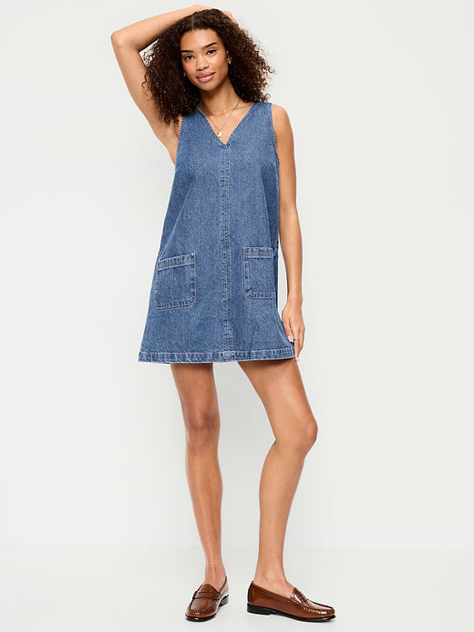 Patch Pocket Denim Mini Dress - Medium Wash