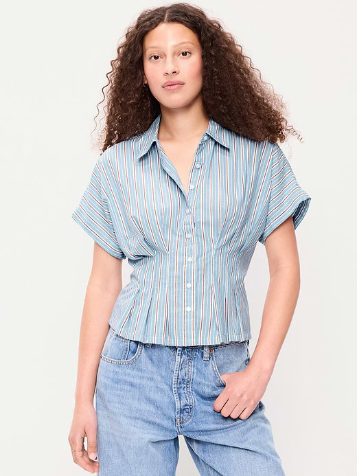 Slim Short-Sleeve Cinched-Waist Button-Down Shirt - Blue Stripe