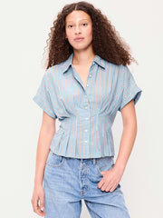 Slim Short-Sleeve Cinched-Waist Button-Down Shirt - Blue Stripe