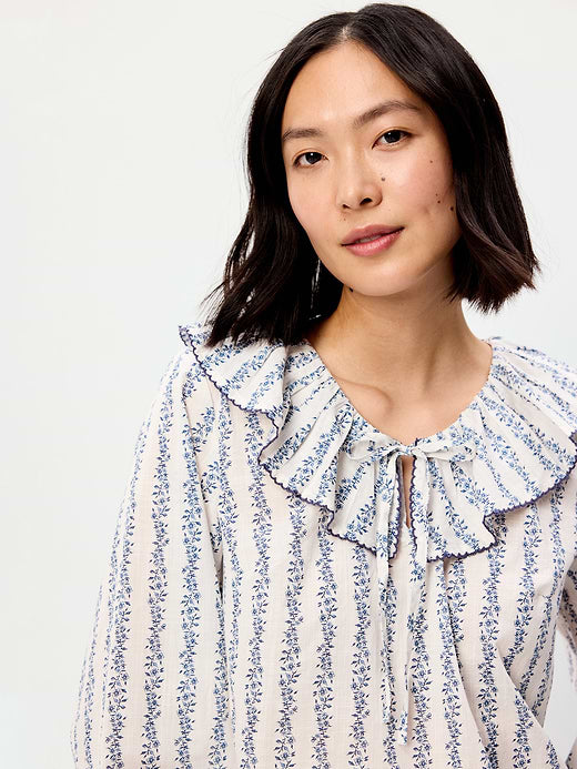 Long-Sleeve Ruffle Tie-Neck Top - White/Blue Floral