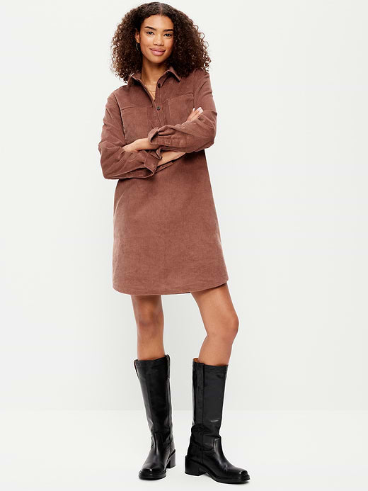 Long-Sleeve Button-Down Mini Shirt Dress - Saddle