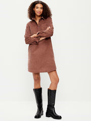 Long-Sleeve Button-Down Mini Shirt Dress - Saddle