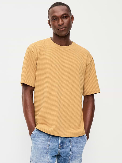 Loose Short-Sleeve Textured Waffle T-Shirt - Mustard Yellow