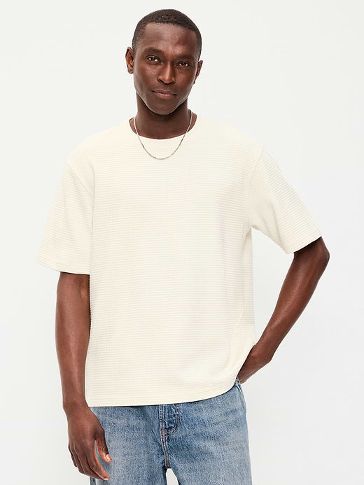 Loose Short-Sleeve Textured Waffle T-Shirt - Oats Beige