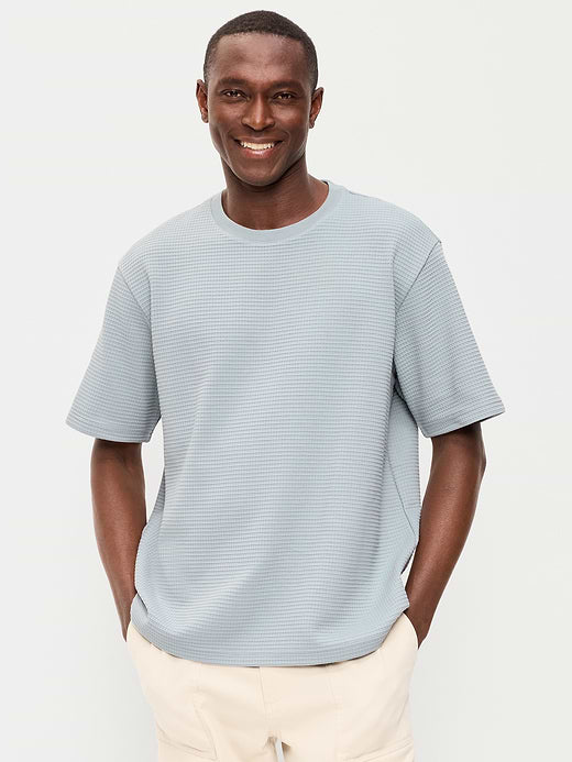 Loose Short-Sleeve Textured Waffle T-Shirt - Pale Blue