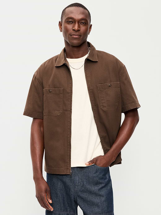 Loose Full-Zip Herringbone Workwear Shirt - Dark Walnut Brown