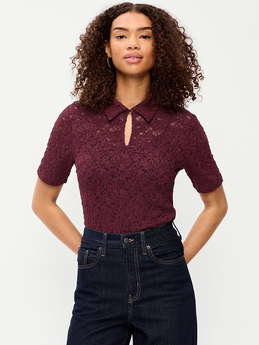 Lace Keyhole Polo Top - Red Lacquer