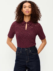 Lace Keyhole Polo Top - Red Lacquer