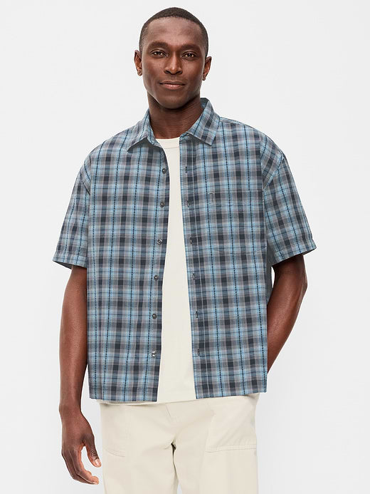 Loose Fit Textured Plaid Pocket Shirt - Dusk Navy Plaid