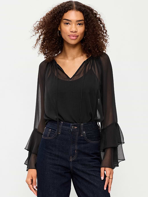 Sheer Chiffon Bell-Sleeve Top - Black Jack