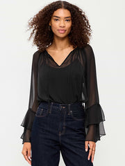 Sheer Chiffon Bell-Sleeve Top - Black Jack