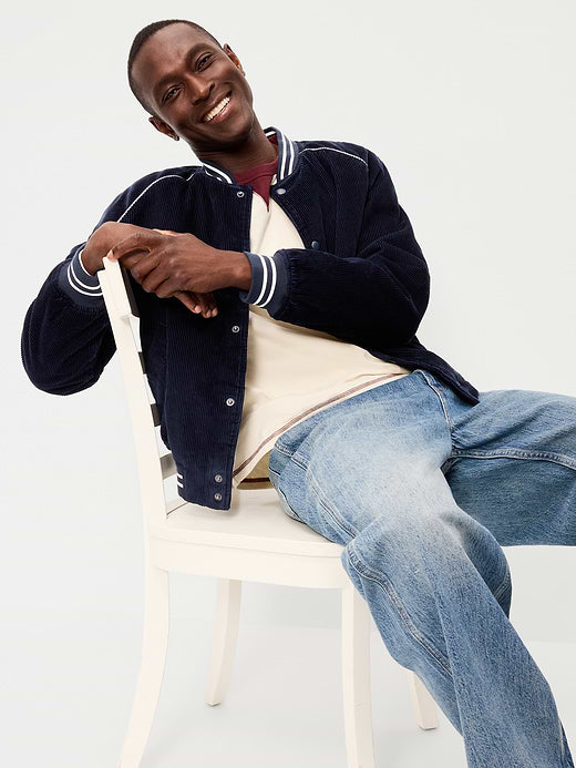 Varsity Corduroy Bomber Jacket - Navy Blue