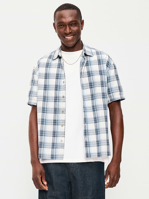 Loose Fit Textured Plaid Pocket Shirt - Blue Plaid