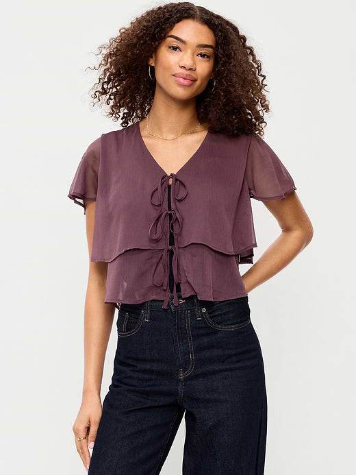 Chiffon Tie-Front Flutter-Sleeve Top - Veil Of Night