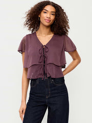 Chiffon Tie-Front Flutter-Sleeve Top - Veil Of Night