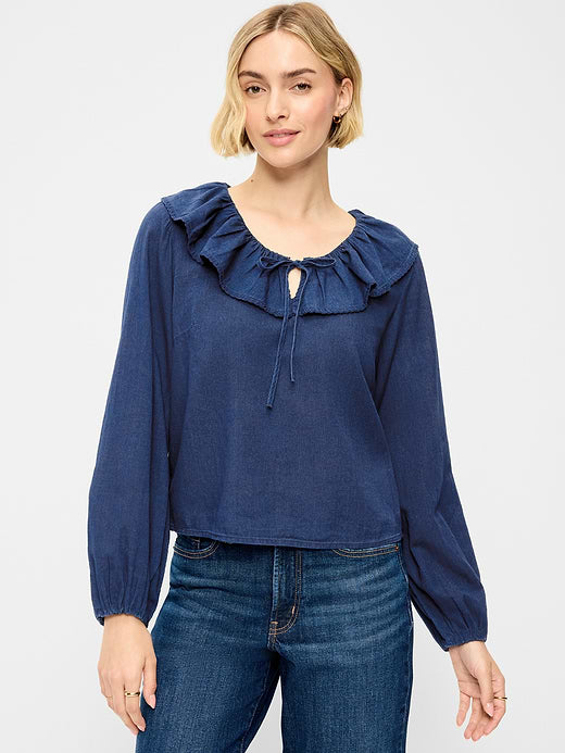 Long-Sleeve Ruffle Tie-Neck Top - Medium Wash