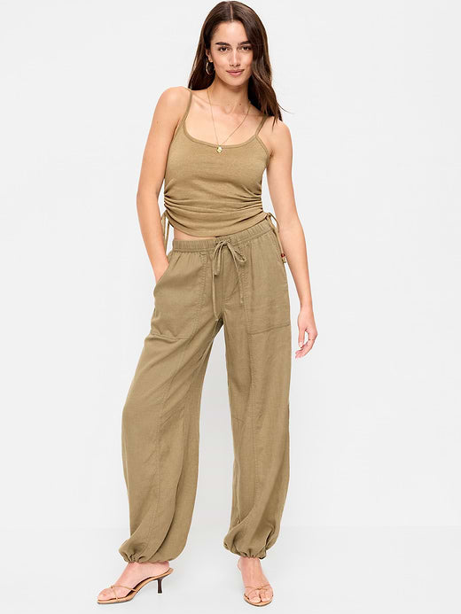 Mid-Rise Linen-Blend Cinched-Ankle Pants - Dried Grasses