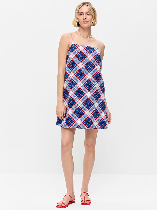 Strappy Mini Shift Dress - Blue Plaid