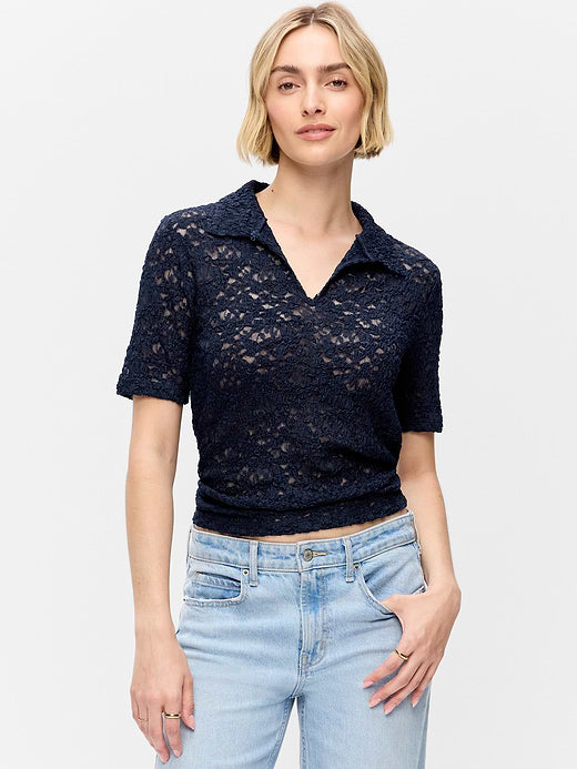 Lace Keyhole Polo Top - In the Navy