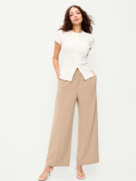 High-Waisted Wide-Leg Trouser Pants - Toasted Almond