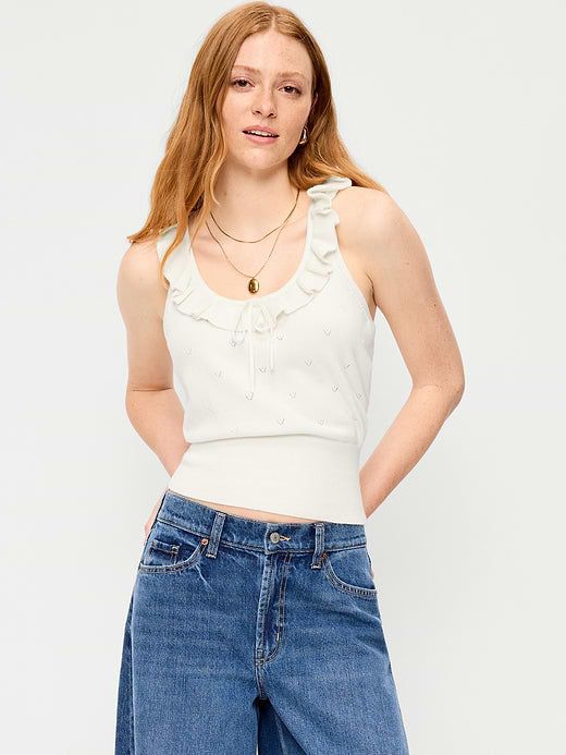SoSoft Cotton Tie-Front Pointelle Tank Top - Creme De La Creme