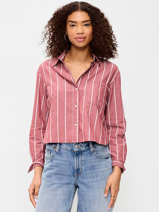 Cropped Button-Down Shirt - Burgundy Stripe