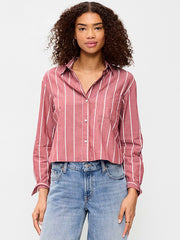 Cropped Button-Down Shirt - Burgundy Stripe