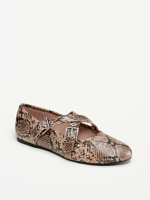 Buckle-Strap Mary Jane Ballet Flats for Women - Snake