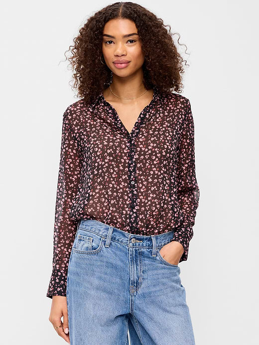 Sheer Chiffon Button-Down Shirt - Pink Floral