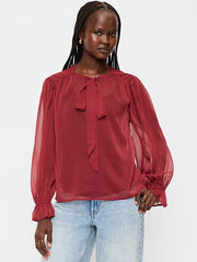 Long-Sleeve Chiffon Tie-Front Top - Emberglow