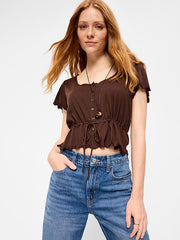 Lace-Trim Button-Down Top - Earthen