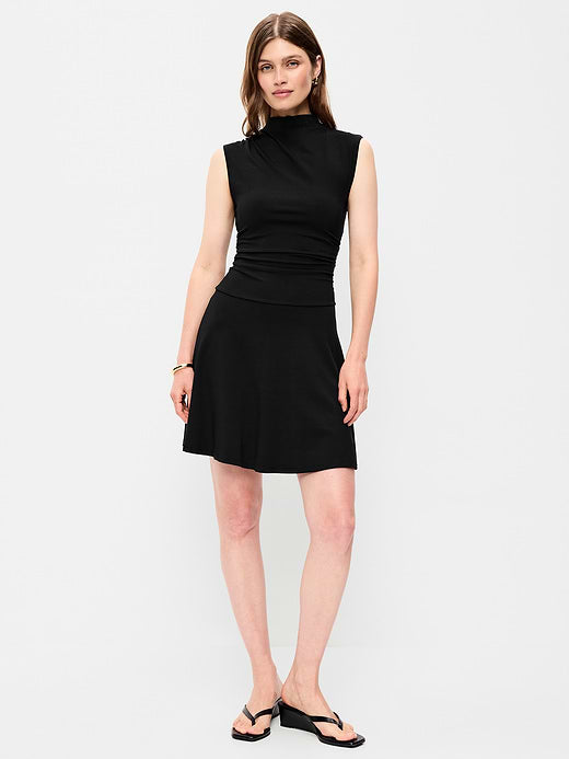 Gathered Mock-Neck Drop-Waist Mini Dress - Black Jack