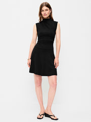 Gathered Mock-Neck Drop-Waist Mini Dress - Black Jack